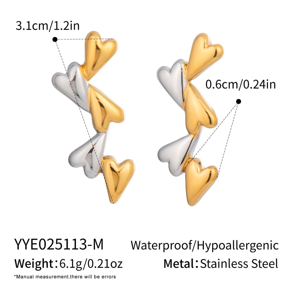 1 Pair Mixed Gold Heart Stainless Steel Stud Earrings