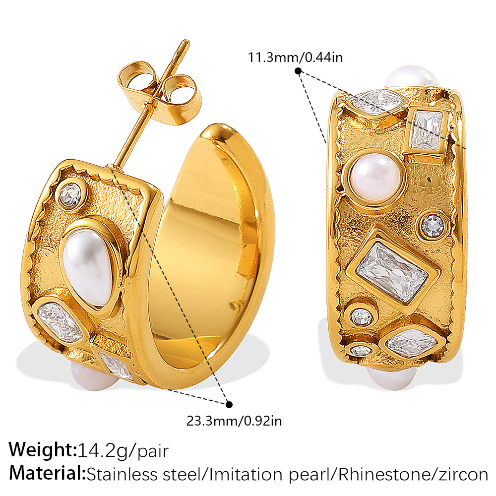 1 Pair Stainless Steel Gold Color Artificial Pearl Hoop Earrings 