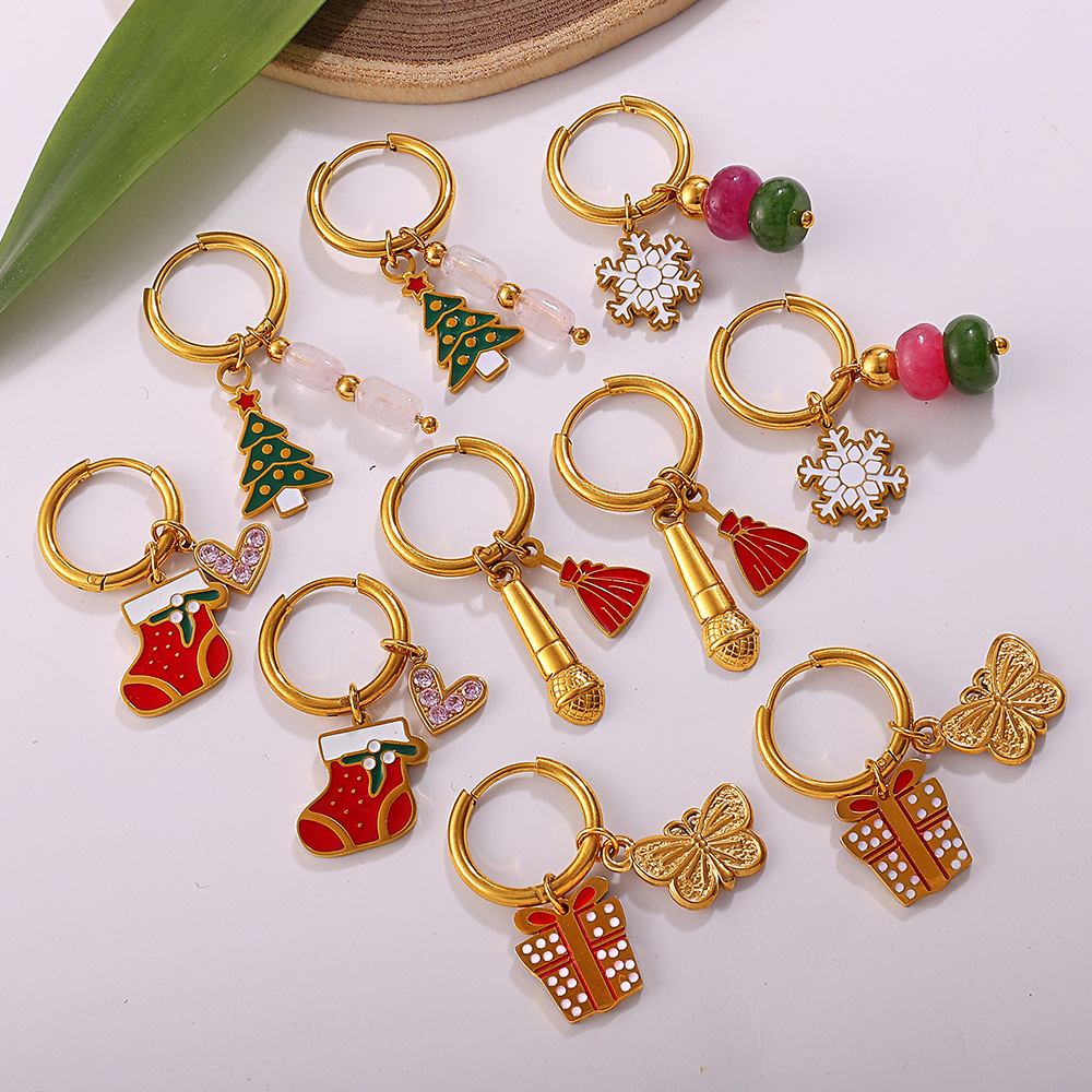1 Pair Christmas Stainless Steel Gold Color Drop Earrings h5Picture3