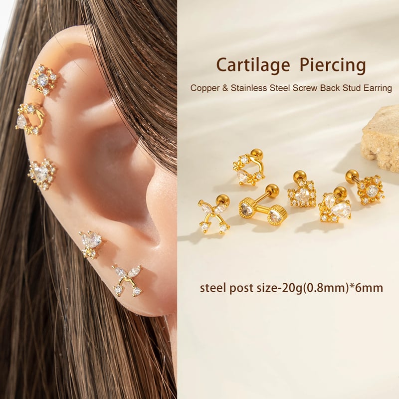 1 Piece Heart Bow Knot Copper Gold Color Zircon Piercing Earring Picture4