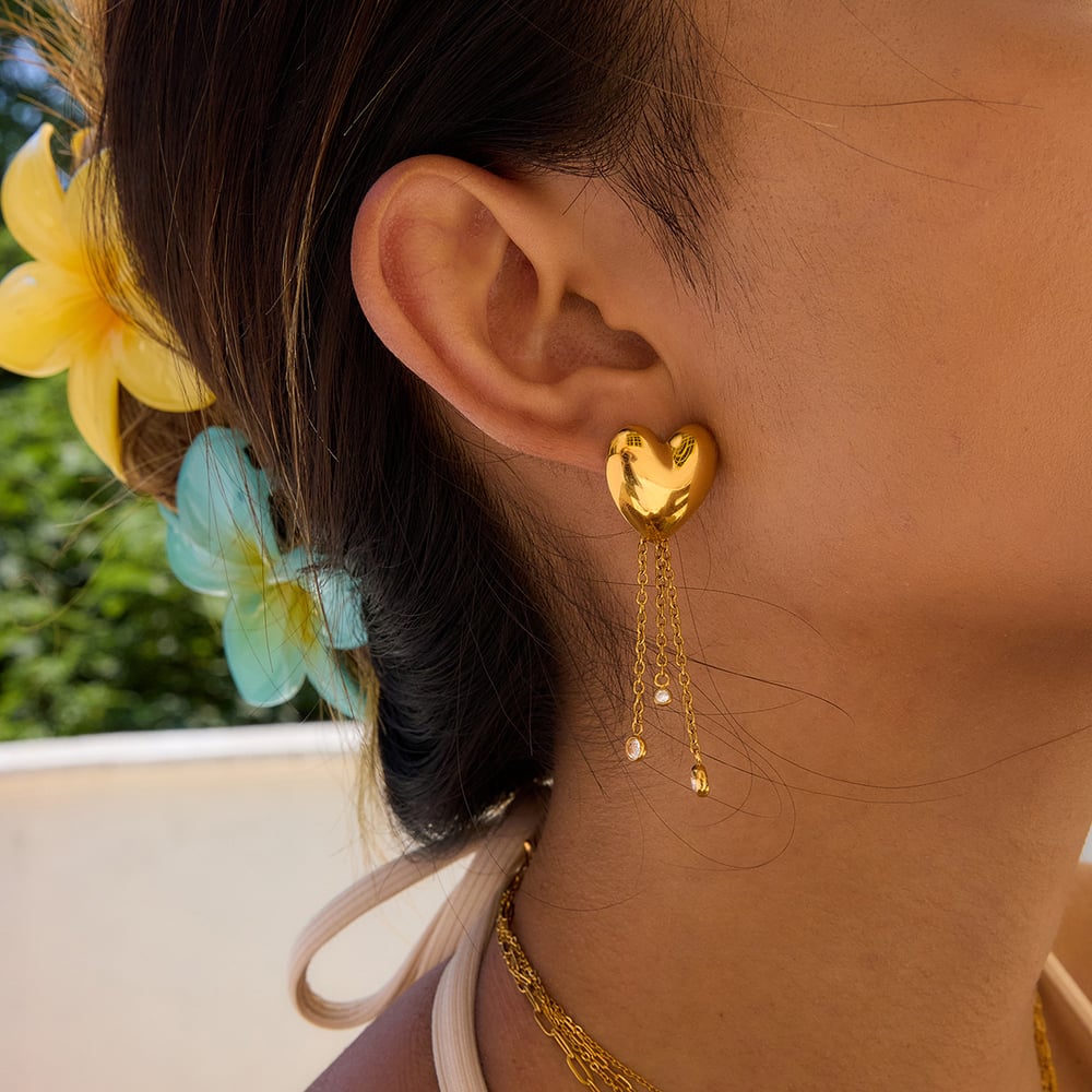 1 Pair Romantic Heart Tassel Stainless Steel Gold Color Women's Dangle Earrings h5Picture4