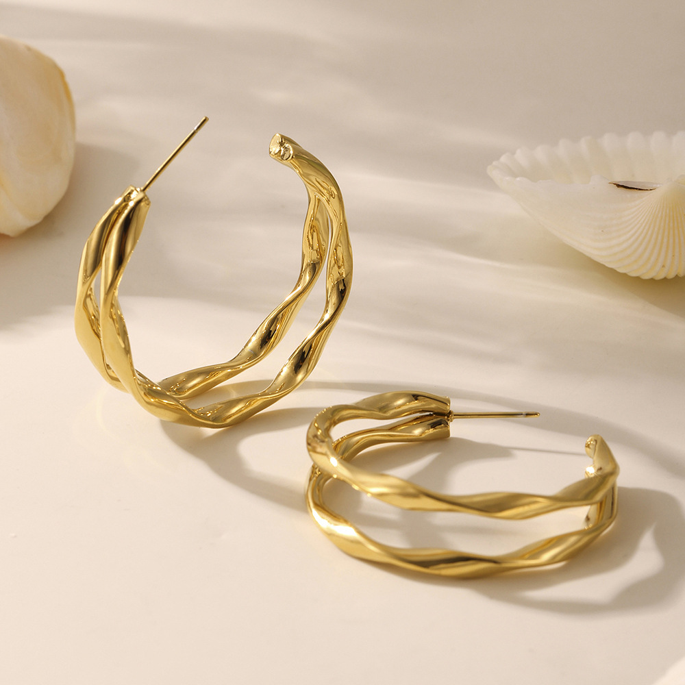 1 Pair Double Circle Stainless Steel Gold Color Women's Hoop Earrings h5Picture5