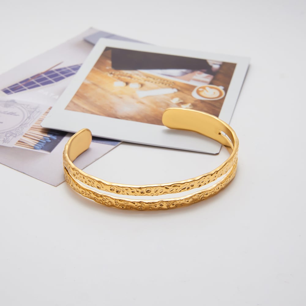 1 Piece Circle Hammered Texture Stainless Steel Gold Color Women's Cuff Bracelets h5Picture6