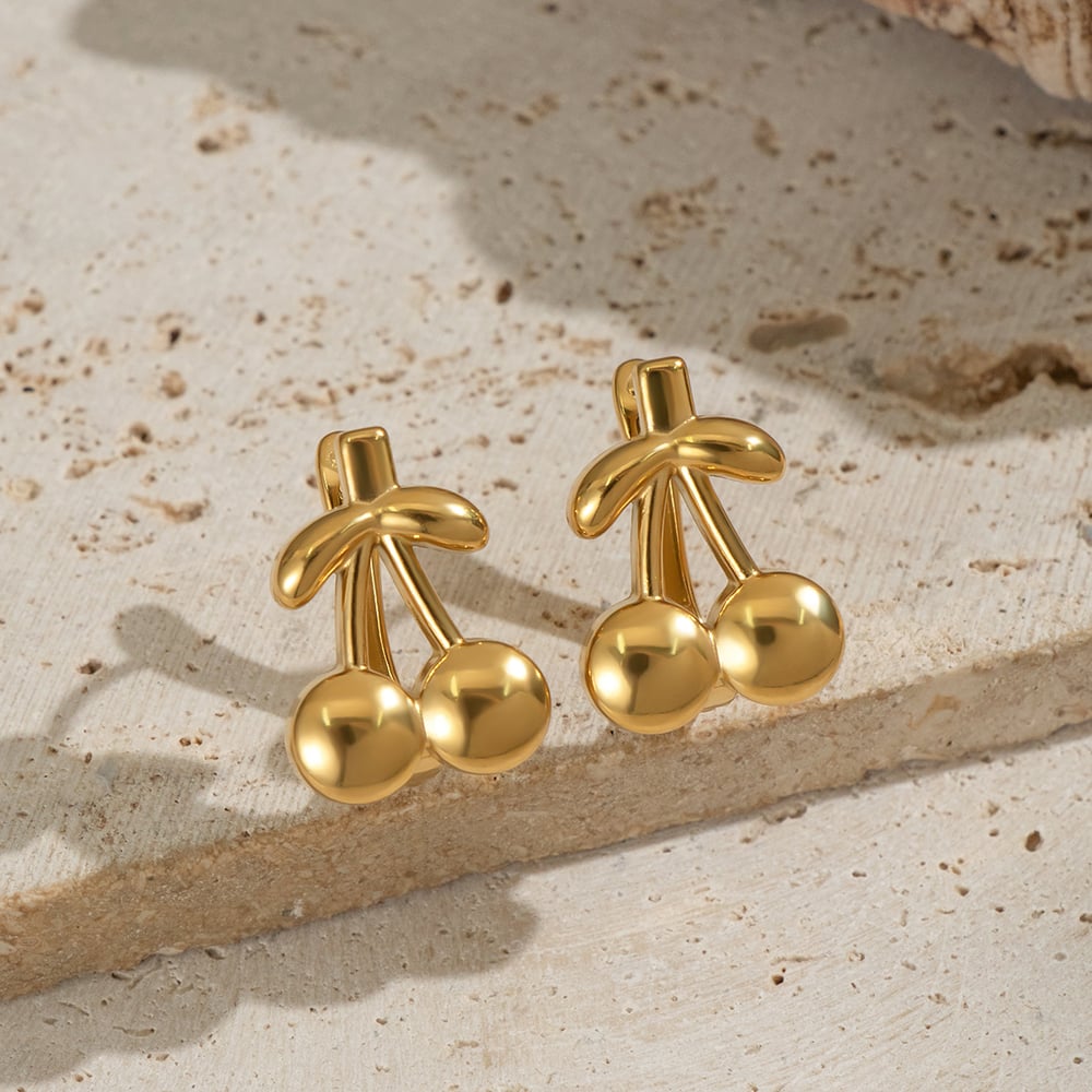 1 Pair Sweet Cherry Stainless Steel Gold Color Stud Earrings Picture3