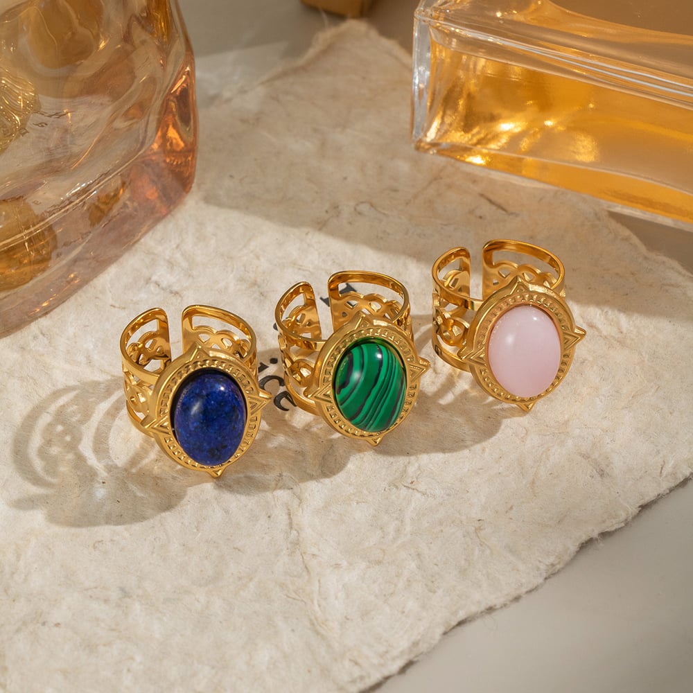 1 Piece Retro Strip Oval Lines Stainless Steel Gold Color Natural Stone Women's Gemstone Rings Picture2