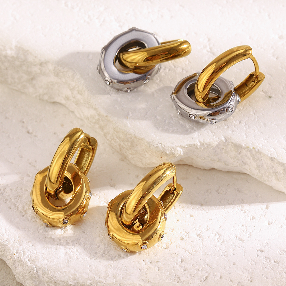 1 Pair Daily Circle Stainless Steel Gold Color Zircon Women's Drop Earrings Picture3