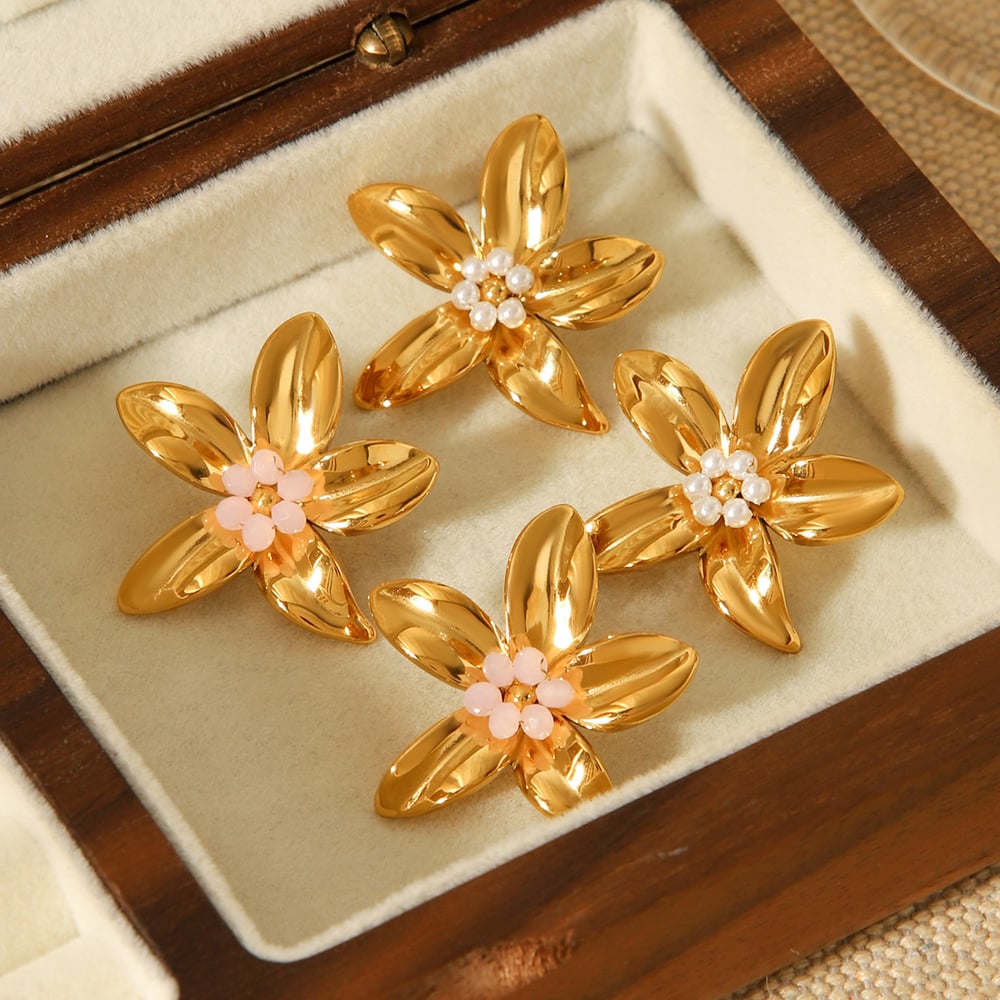 1 Pair Elegant Flower Stainless Steel Gold Color Pearl Women's Stud Earrings h5Picture3