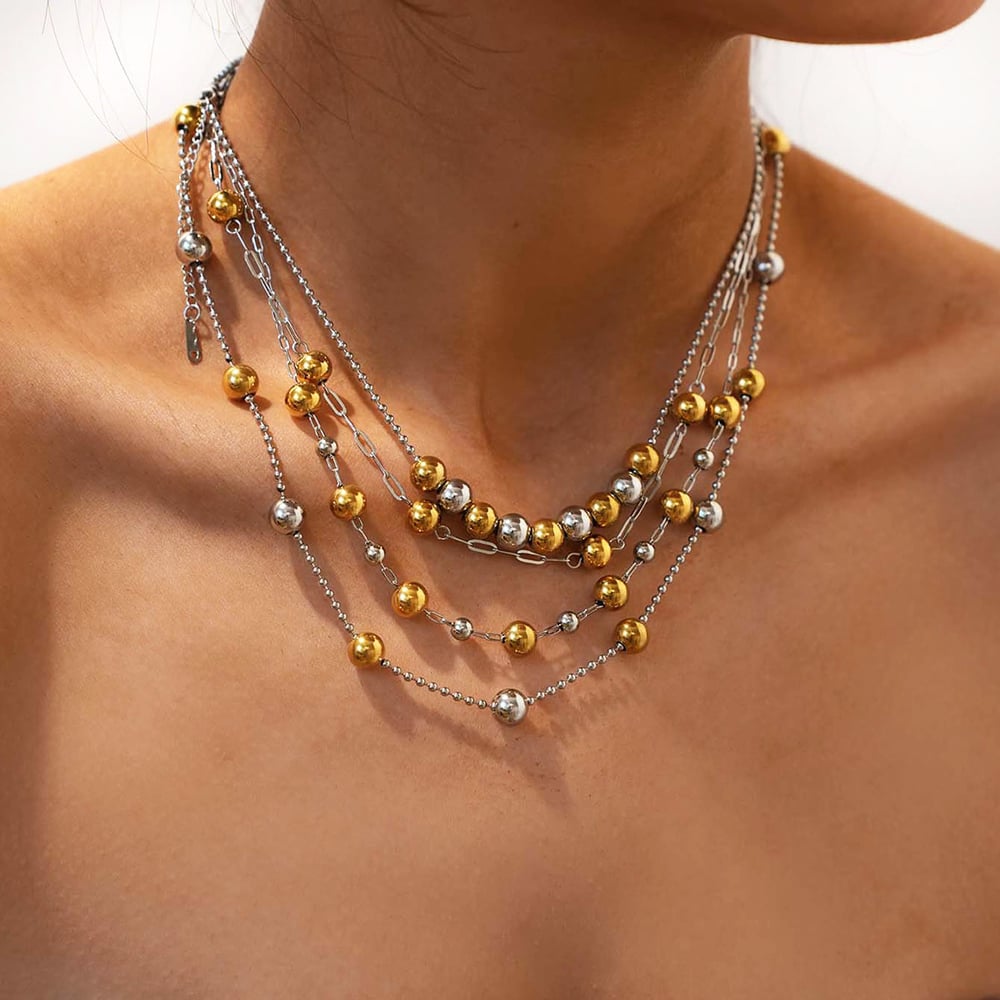 1 Piece Simple Mixed Gold Color And Silver Colors Stainless Steel  Women‘s Beaded Necklaces Picture5