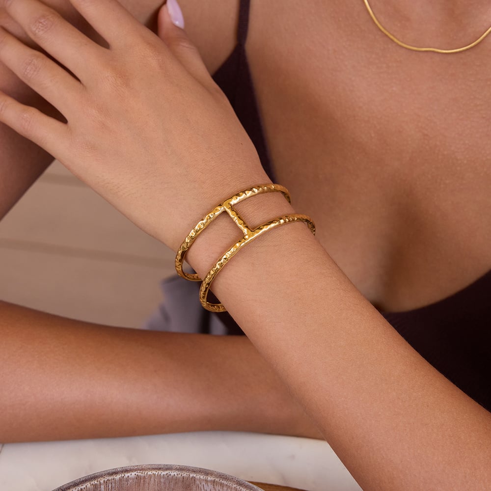 1 Piece Daily Hammered Texture Stainless Steel Gold Color Women's Cuff Bracelets Picture3