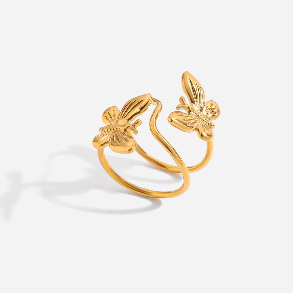1 Piece Retro Shape Butterfly Stainless Steel Gold Color Natural Stone Statement Rings 