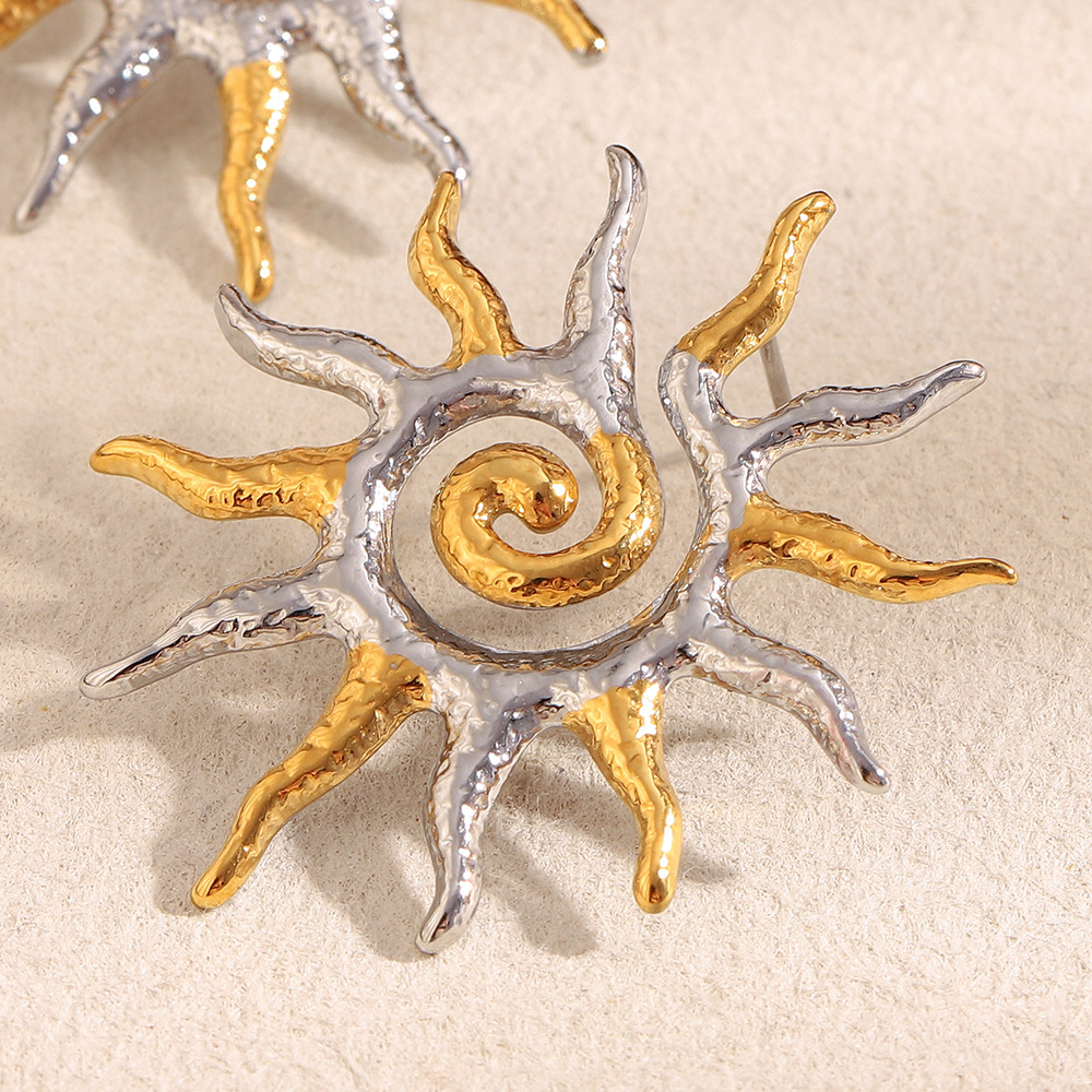 1 Pair Classic Sun Stainless Steel Gold Color Women's Stud Earrings h5Picture6