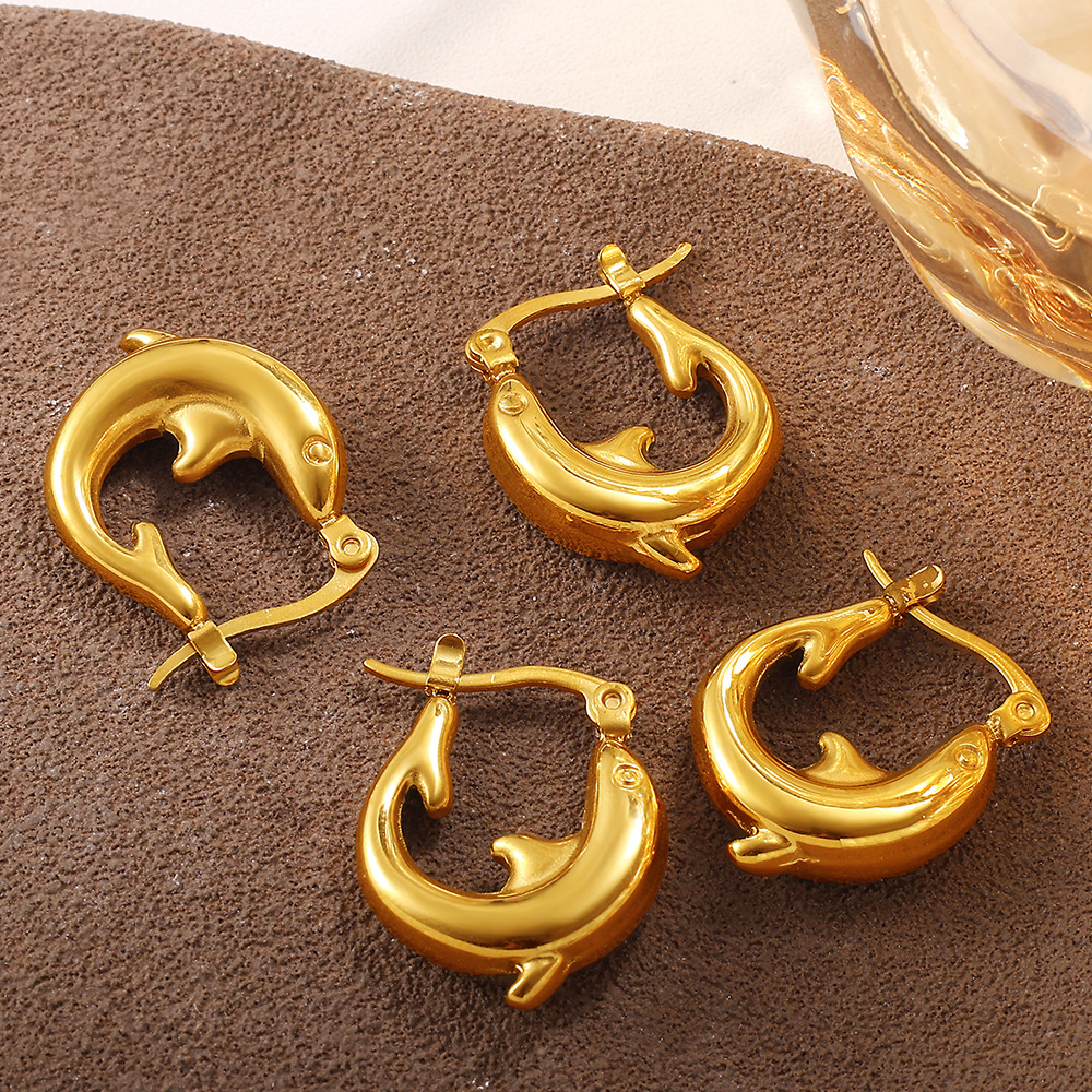 1 Pair Dolphin Stainless Steel Gold Color Hoop Earrings h5Picture3