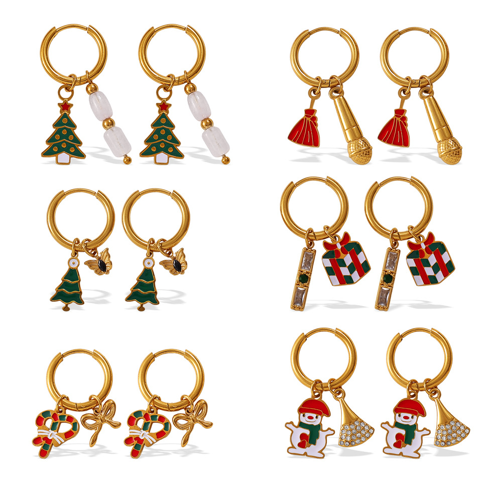 1 Pair Christmas Stainless Steel Gold Color Drop Earrings h5Picture4