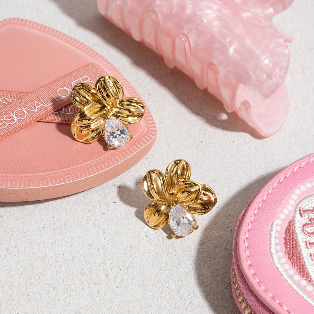 1 Pair Romantic Flower Stainless Steel Gold Color Zircon Women's Stud Earrings h5Picture3