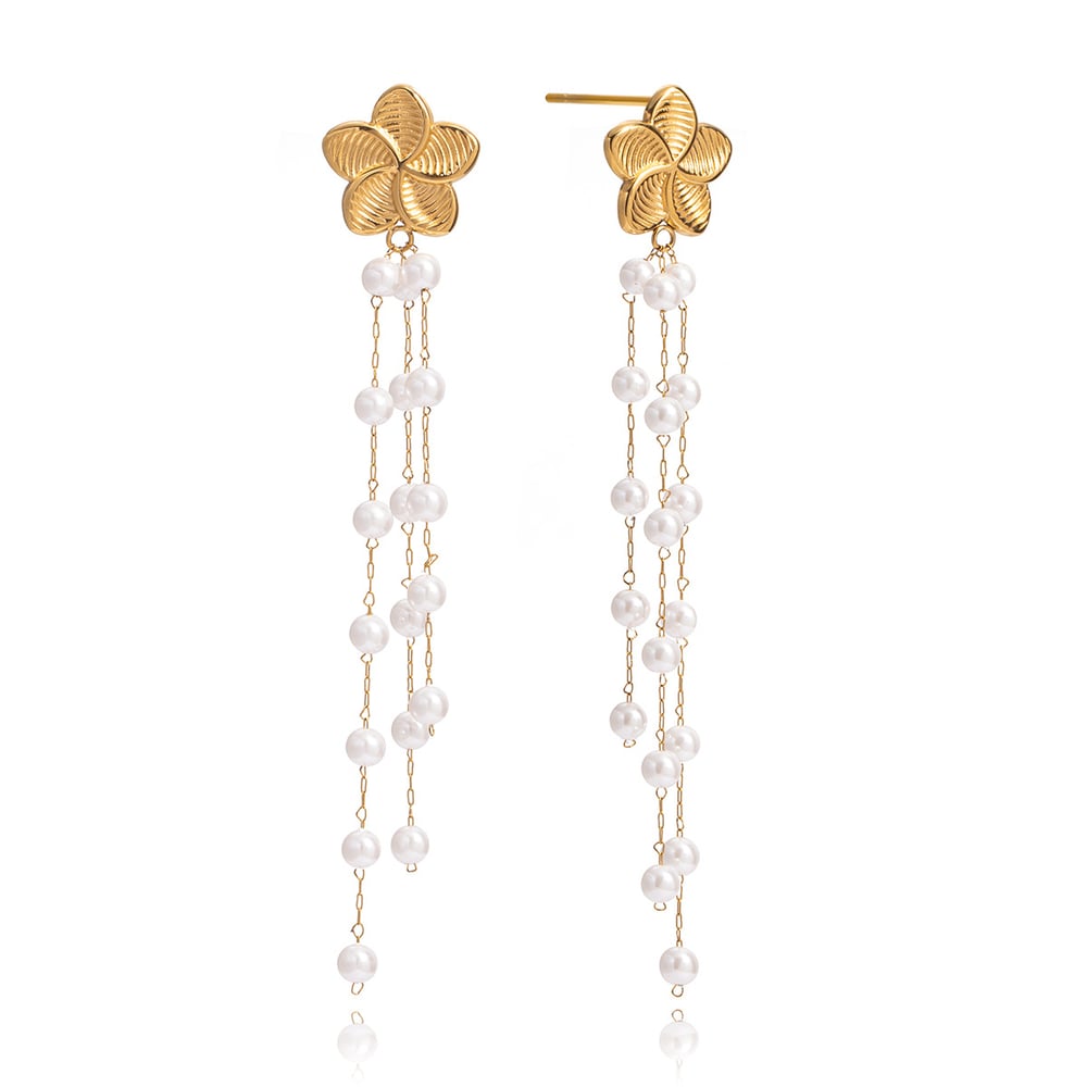 1 Pair Elegant Flower Tassel Stainless Steel Gold Color Women's Drop Earrings 