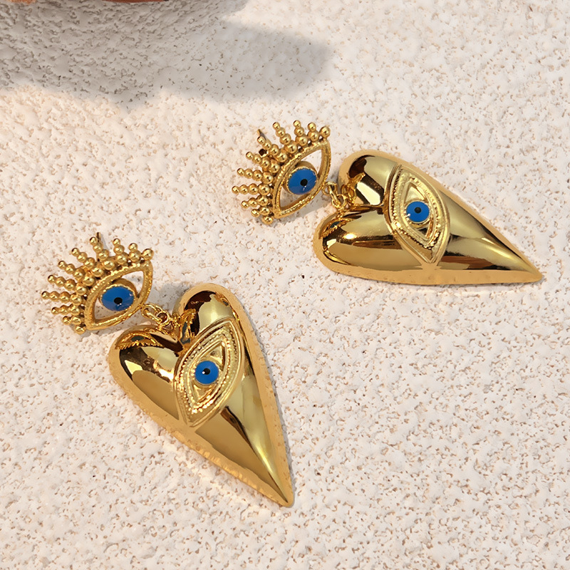 1 Pair Devil's Eye Heart Stainless Steel Gold Color Dangle Earrings Picture3