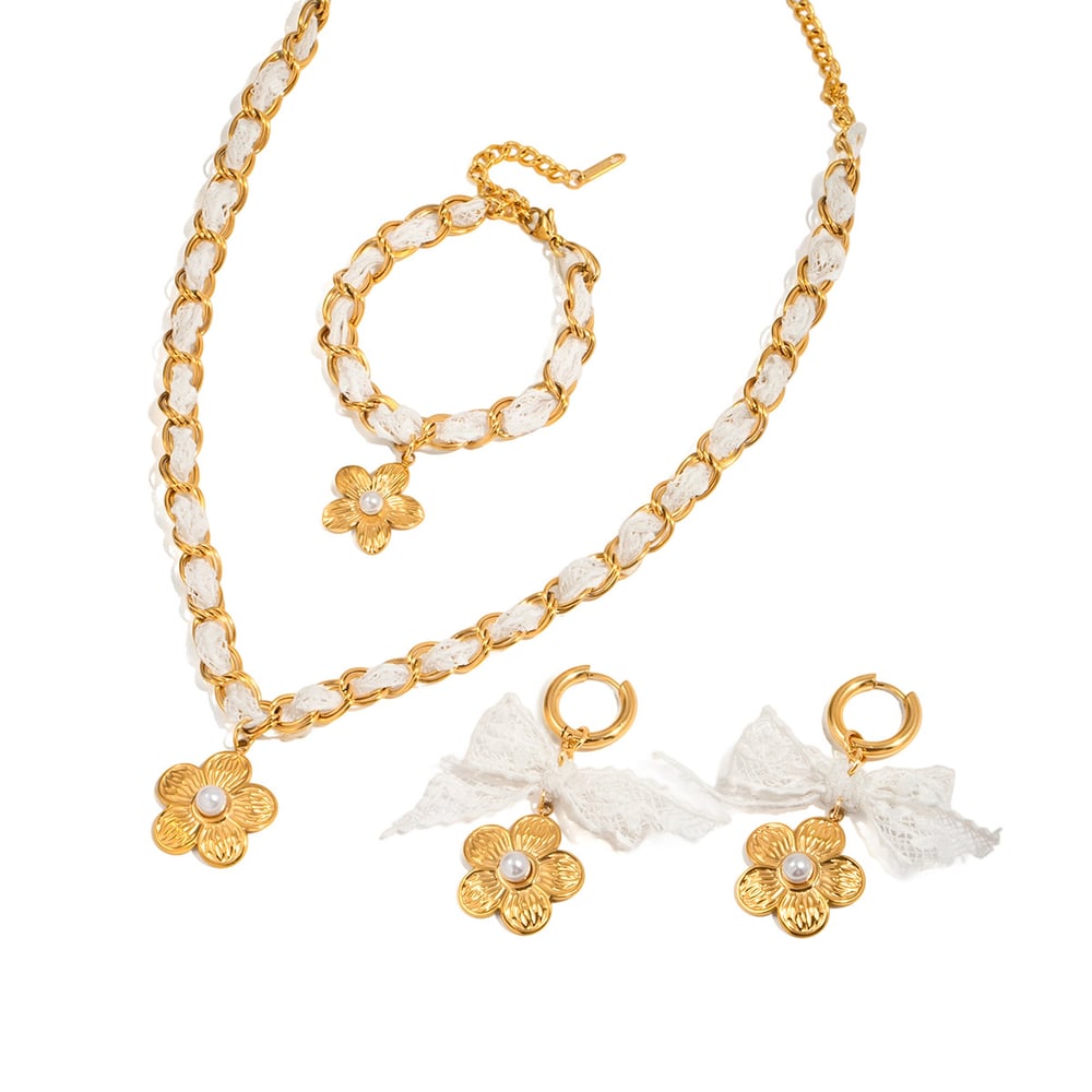 Romantic Flower Lace Stainless Steel Gold Color Women's Jewelry Sets h5Picture10