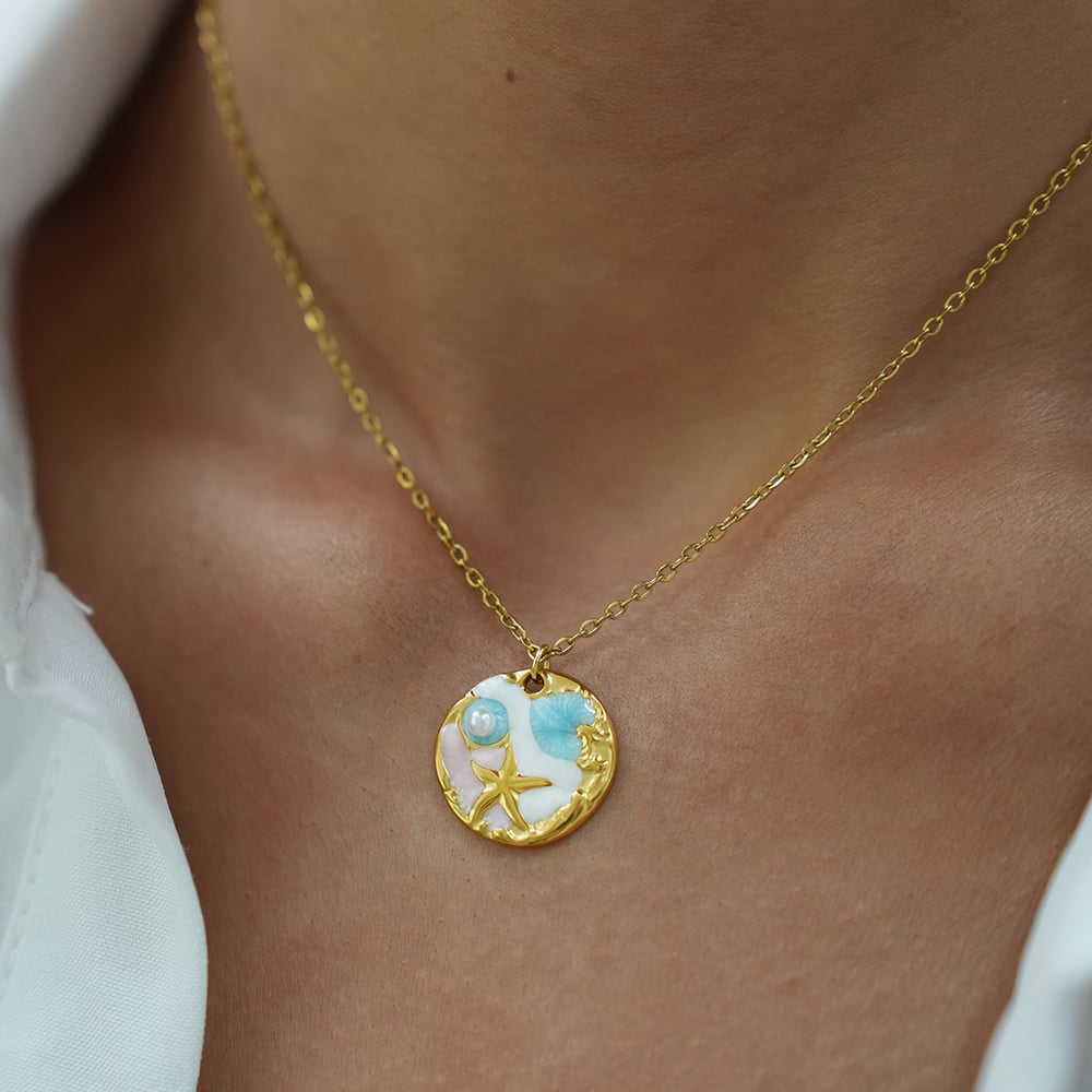 1 Piece Oceanic Circle Stainless Steel Gold Color Women's Pendant Necklaces h5Picture4