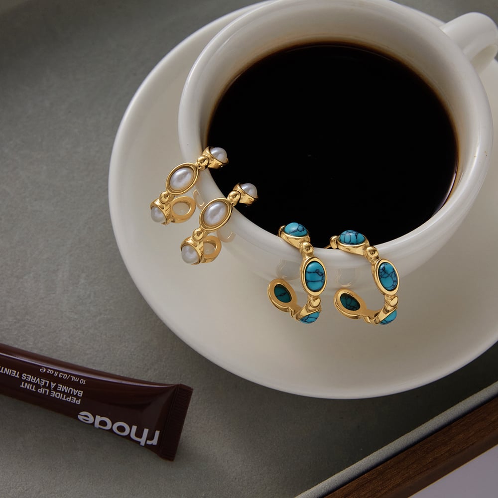 1 Pair Elegant Natural Stone Circle Stainless Steel Gold Color Women's Hoop Earrings Picture5