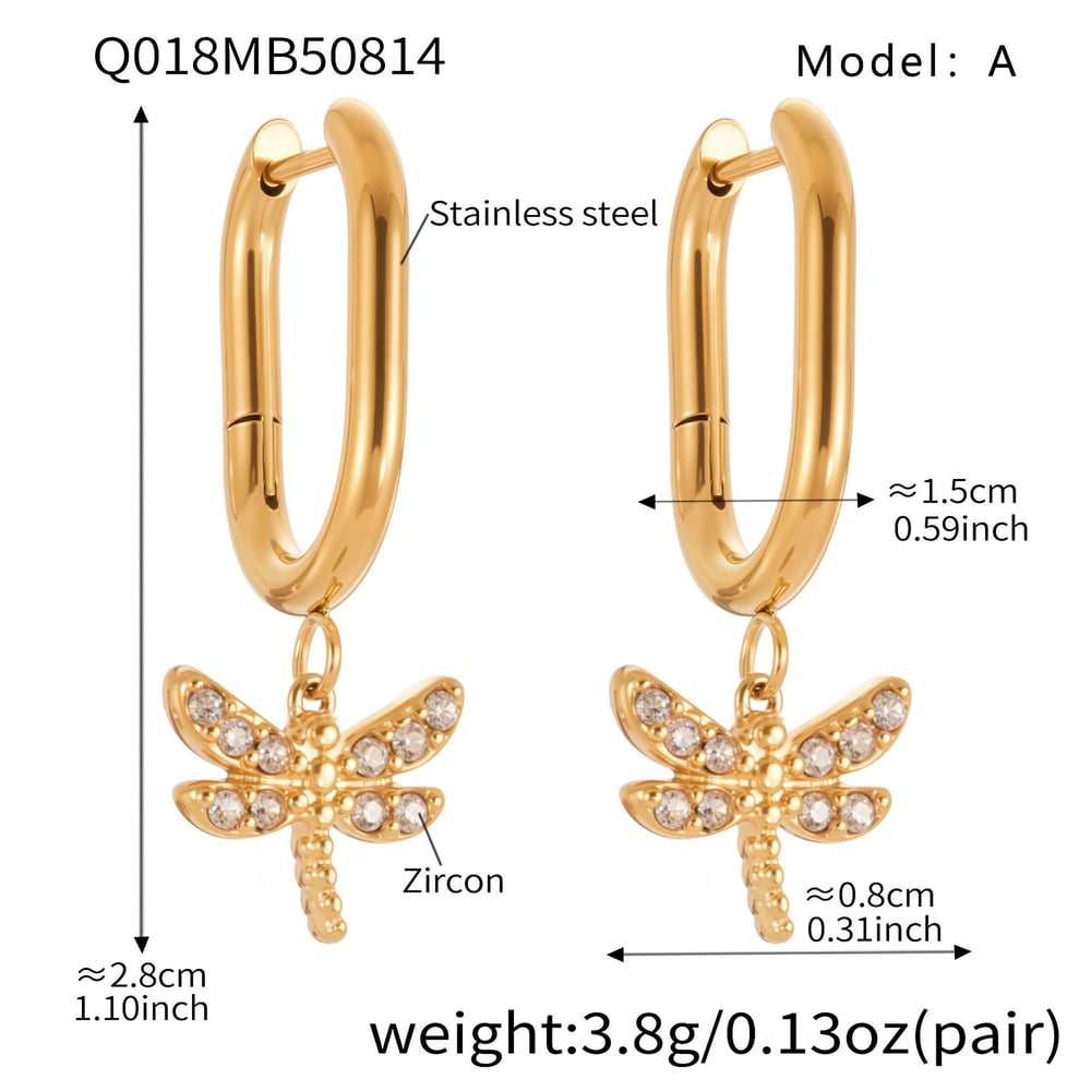 1 Pair Exquisite Dragonfly Stainless Steel Gold Color Zircon Women's Drop Earrings