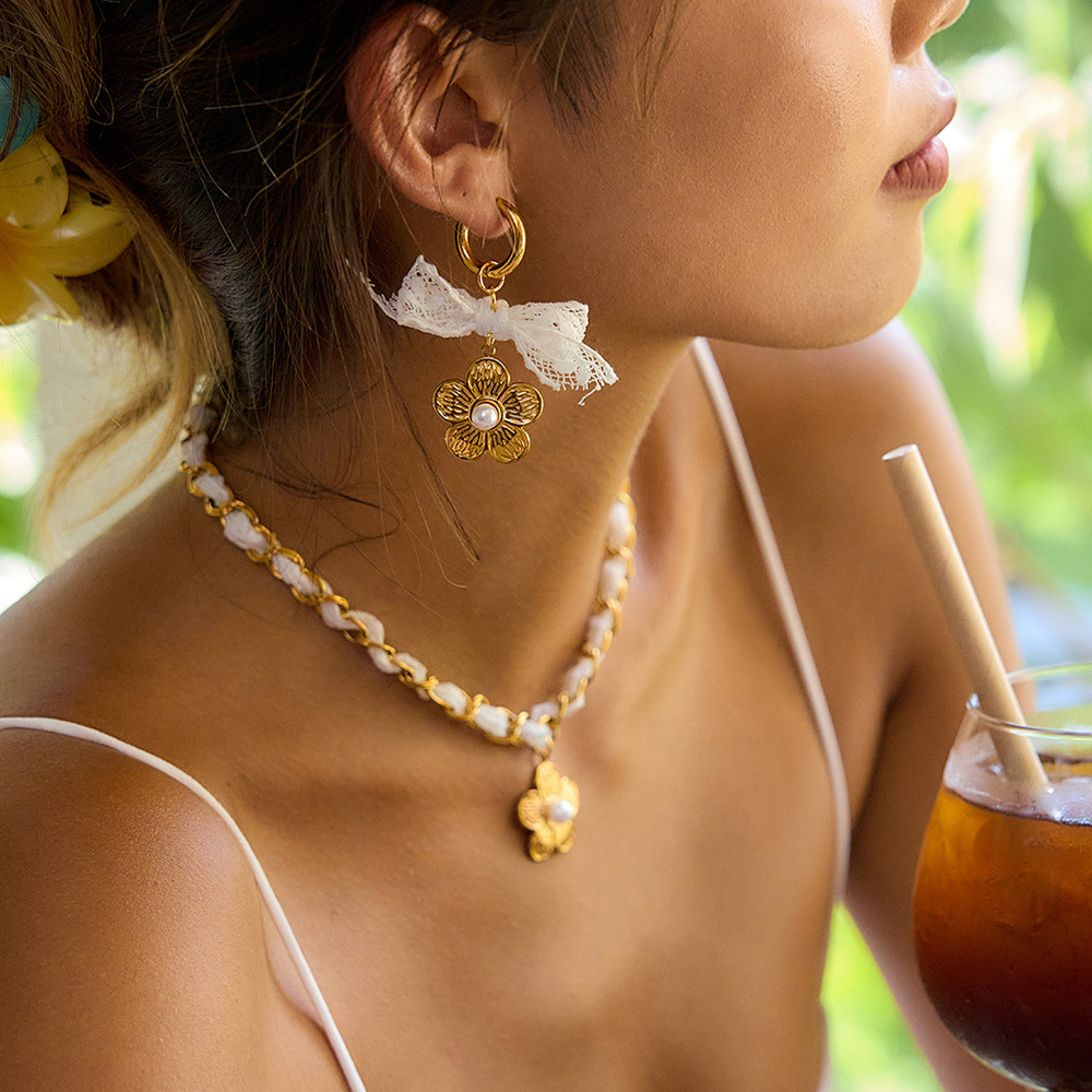 Romantic Flower Lace Stainless Steel Gold Color Women's Jewelry Sets h5Picture9