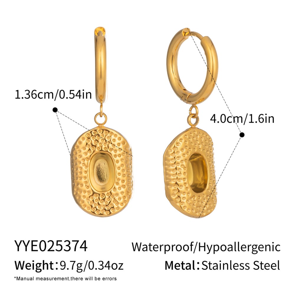 1 Pair Ethnic Hammer Pattern Stainless Steel Gold Color Drop Earrings