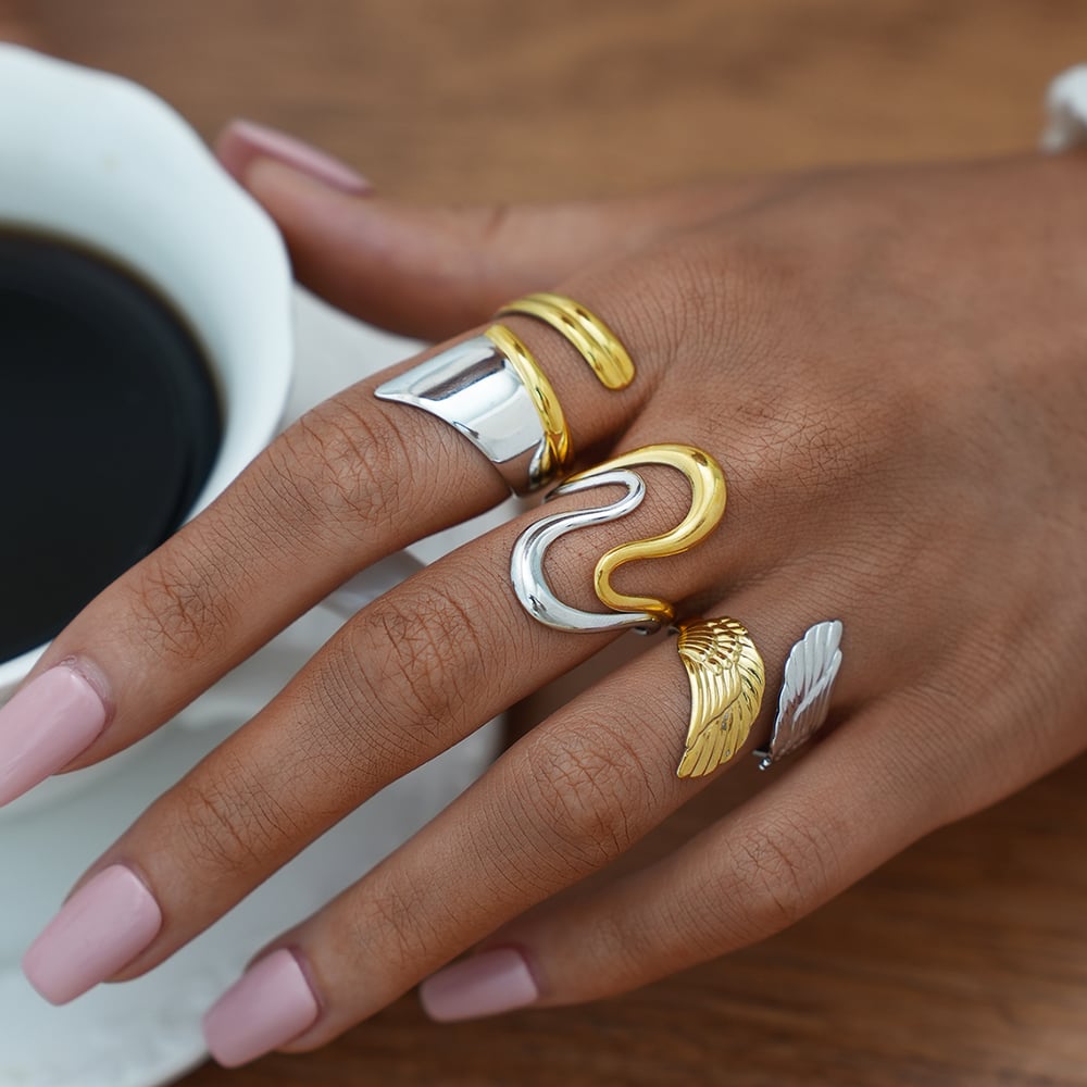 1 Piece Retro Mixed Gold Color And Silver Colors Wings Stainless Steel  Women's Statement Rings h5Picture3