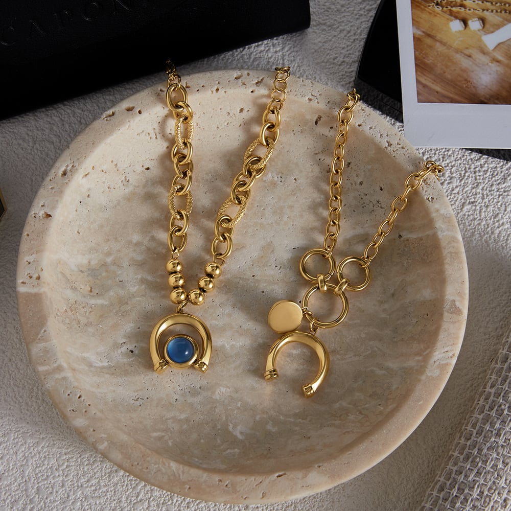 1 pulsera de lujo con dijes de resina azul circular de acero inoxidable color dorado para mujer h5Imagen6