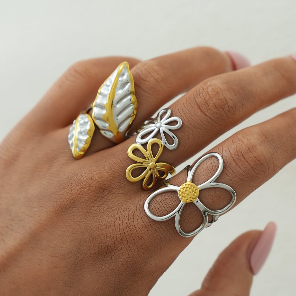 1 Piece Flower Plant Stainless Steel  Gold Color Women‘s Statement Rings Picture9