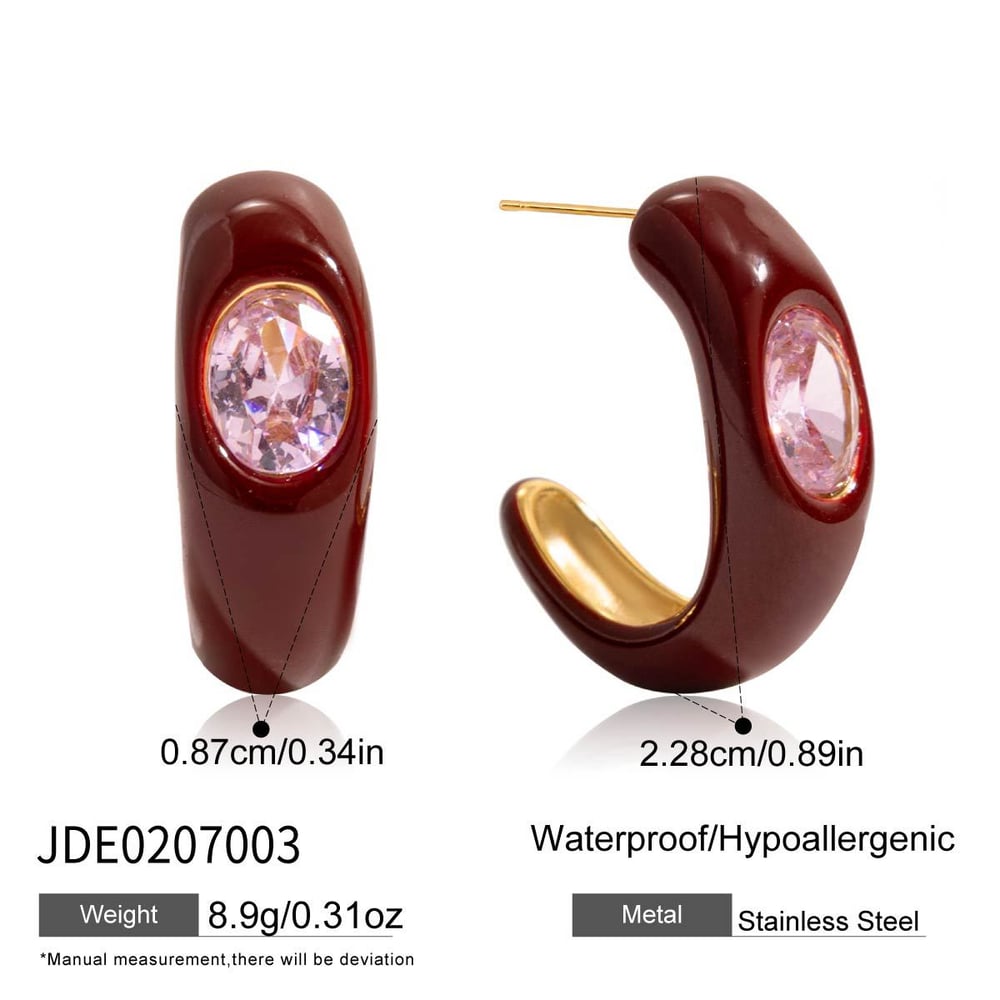 1 Pair Vintage Red Stainless Steel Gold Color Zircon Women's Hoop Earrings h5Picture2