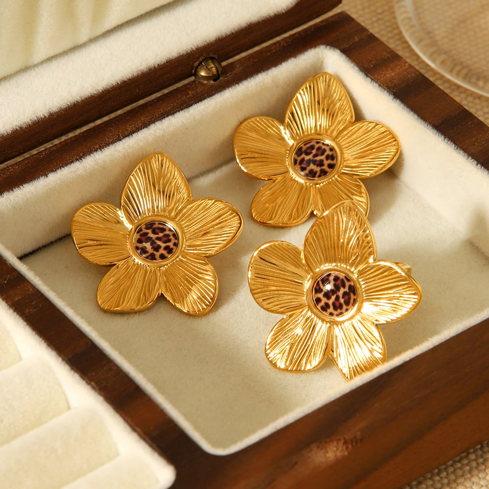 1 Pair Retro Flower Stainless Steel Leopard Gold Color Earring Set h5Picture5