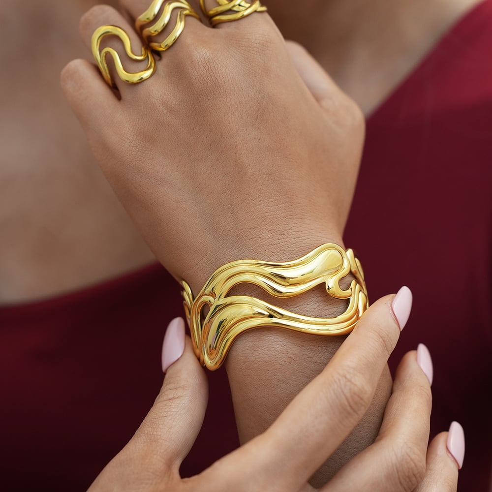 1 Stück einfache Retro unregelmäßige Form Edelstahl Gold Farbe Damen Armreifen h5Bild8