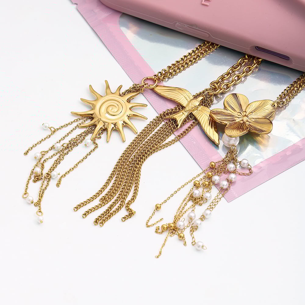 1 Piece Romantic Series Flower Tassel Stainless Steel Gold Color Women's Long Necklaces h5Picture3