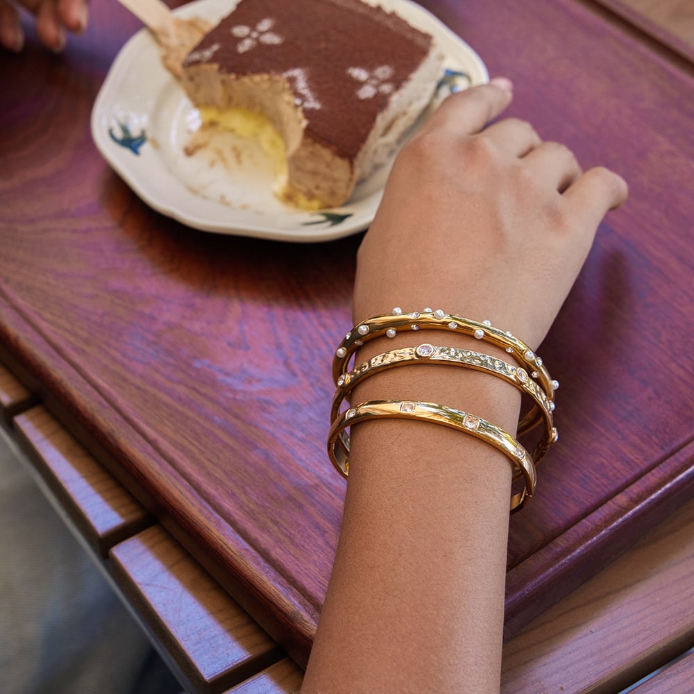 1 Piece Hammer Pattern Stainless Steel Gold Color Zircon Women's Bangles Picture6
