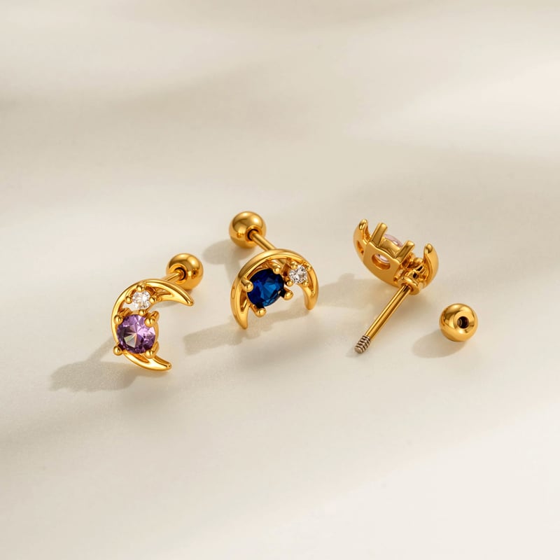 1 Piece Moon Copper Gold Color Zircon Piercing Earring Picture3