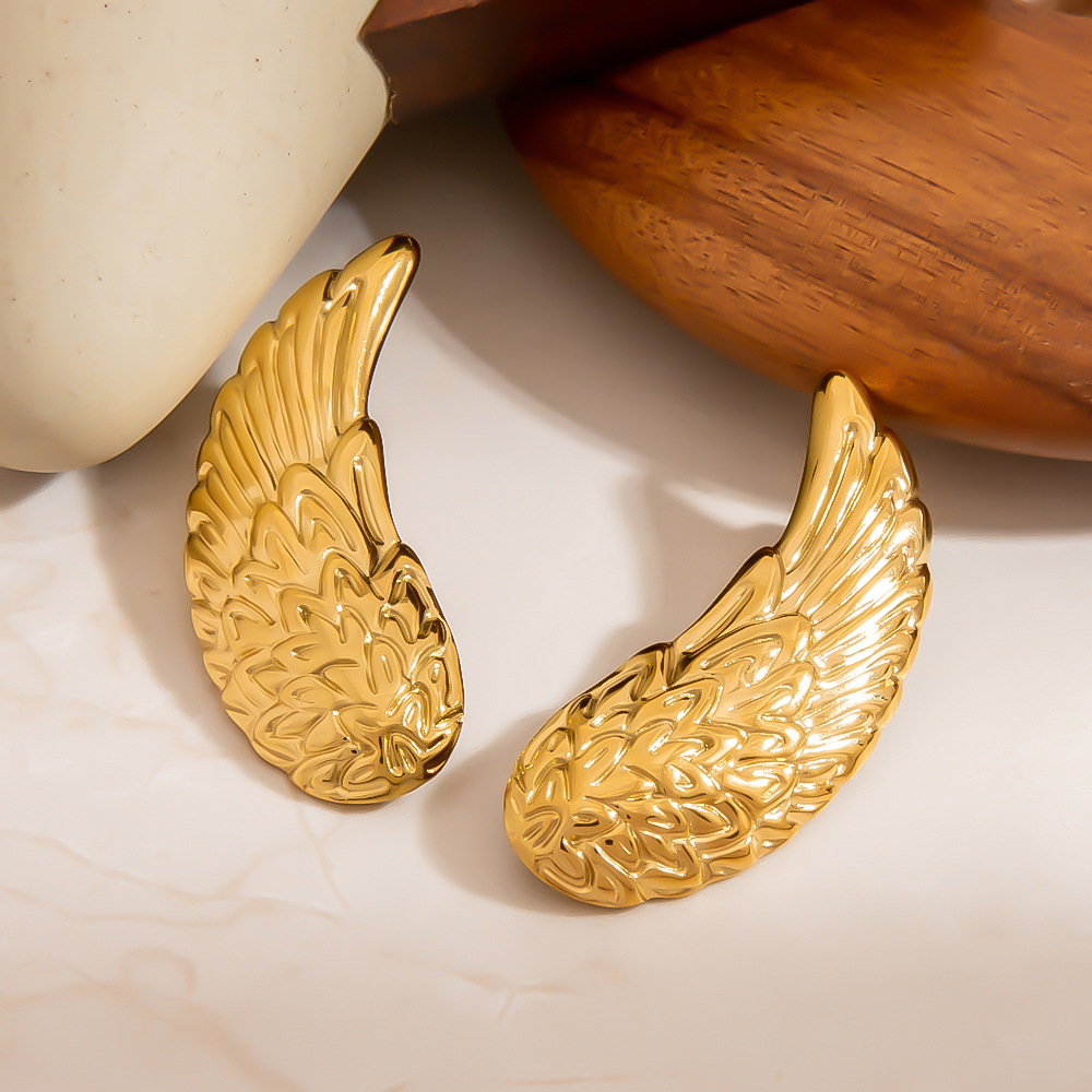 1 Pair Punk Wings Stainless Steel Gold Color Stud Earrings h5Picture2