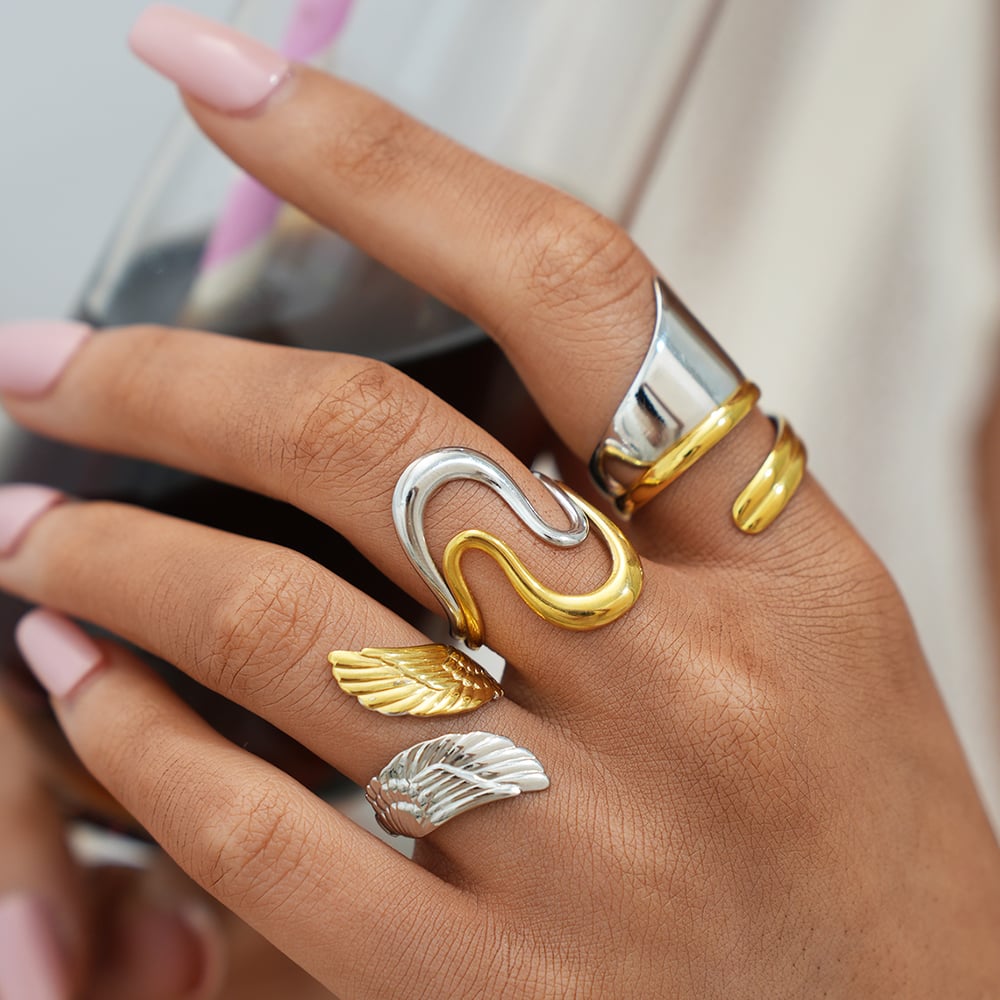 1 Piece Retro Mixed Gold Color And Silver Colors Wings Stainless Steel  Women's Statement Rings h5Picture4