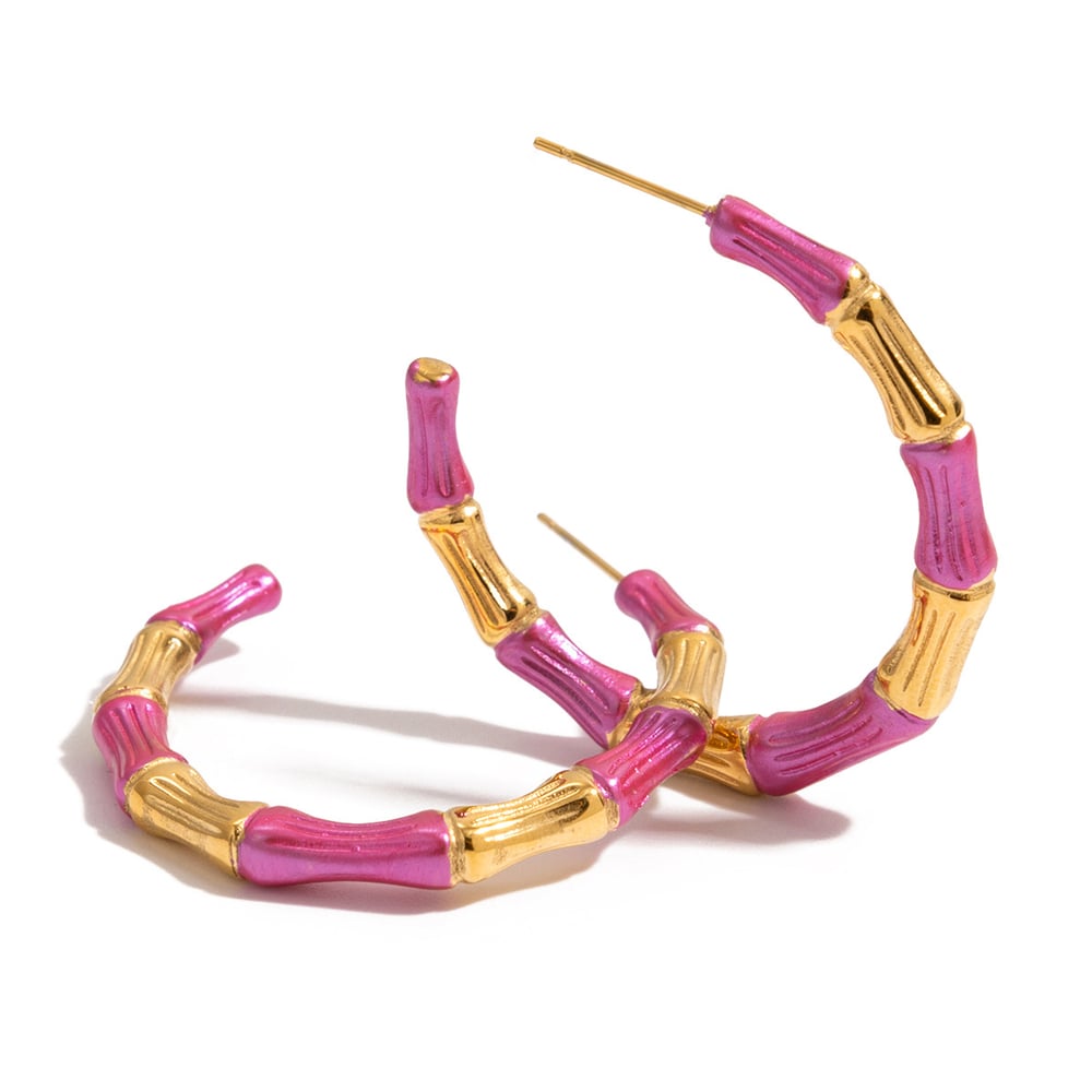 1 Pair Bamboo Joint Pink Stainless Steel Gold Color Women's Hoop Earrings