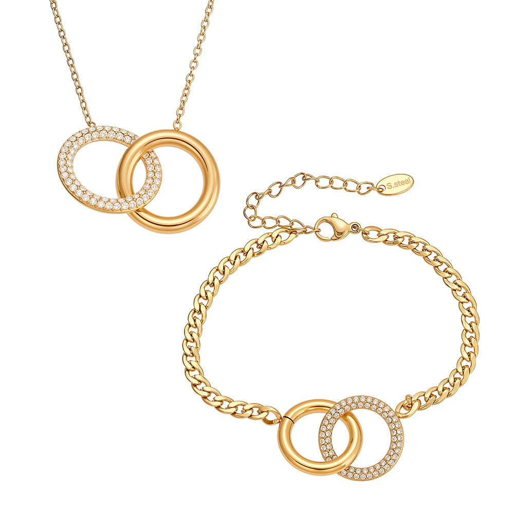 Einfache Doppelkreis Edelstahl Gold Farbe Zirkon Damen Schmuck Sets Bild7