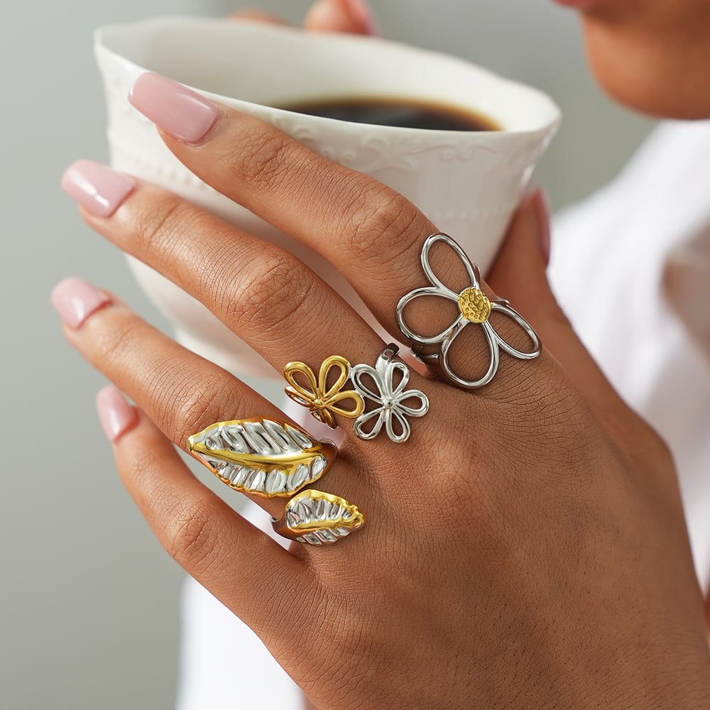 1 Piece Flower Plant Stainless Steel  Gold Color Women‘s Statement Rings Picture7