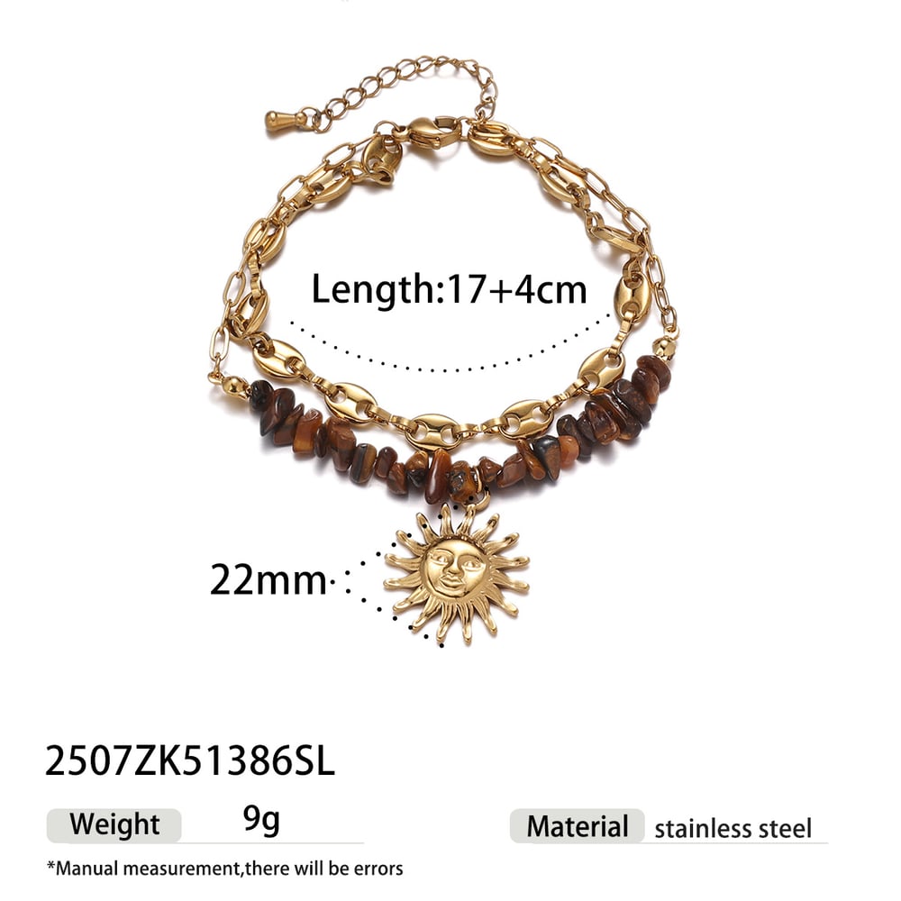 Braccialetto con perline in pietra naturale color oro in acciaio inossidabile con sole, 1 pezzo