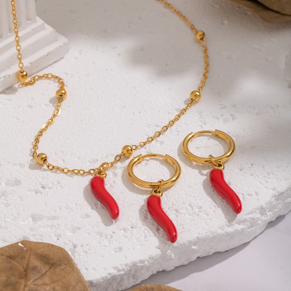 Emaille Chili Edelstahl Goldfarben Halsketten-Set h5Bild2