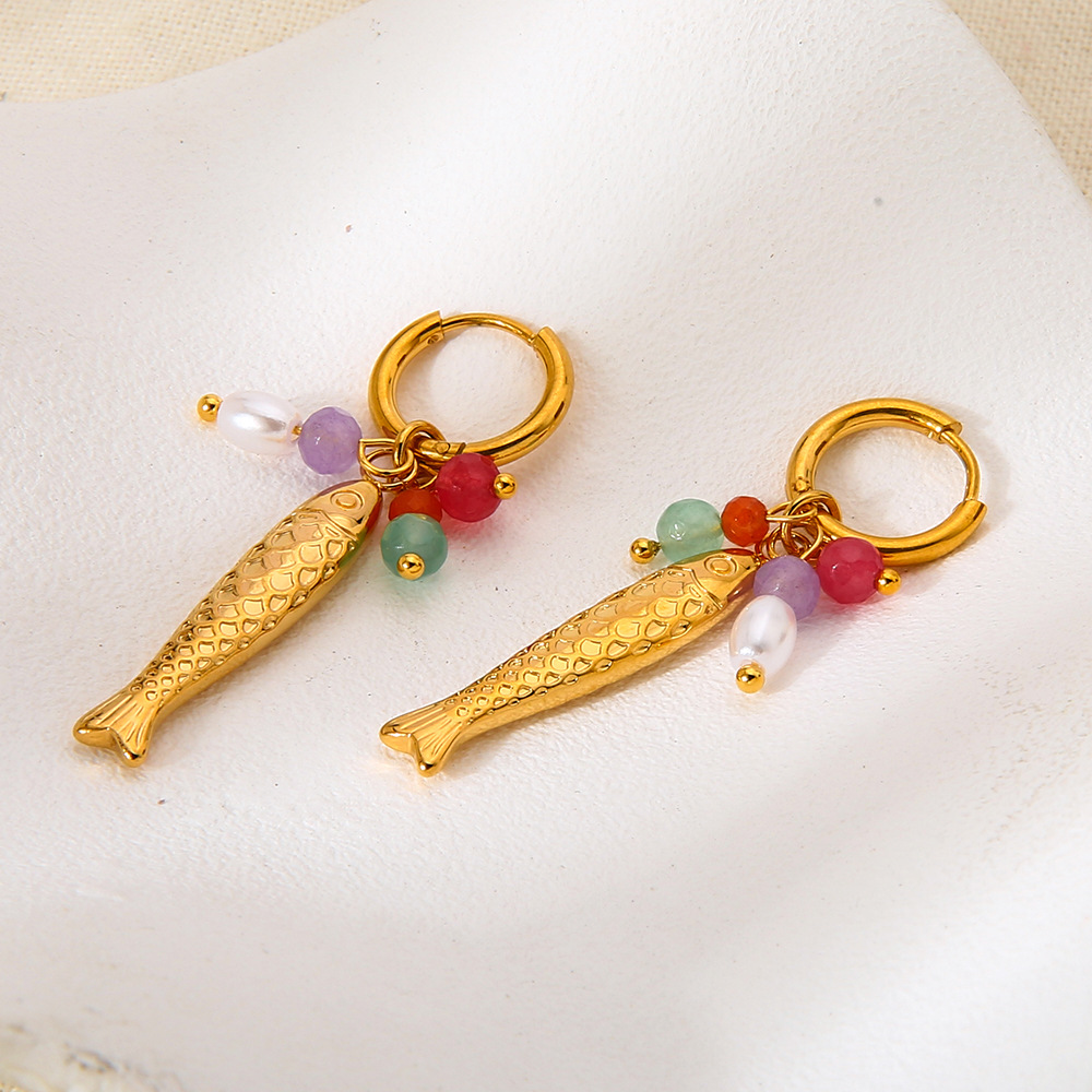 1 Paar Retro Fisch Edelstahl Gold Farbe Künstliche Perle Damen Tropfen Ohrringe h5Bild3