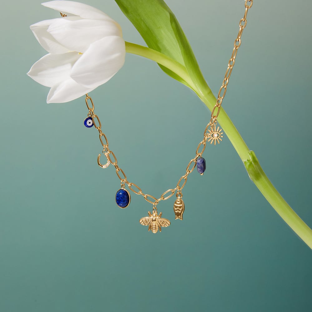 1 Piece Luxurious Bee Lapis Lazuli Stainless Steel Gold Color Women's Pendant Necklaces Picture6