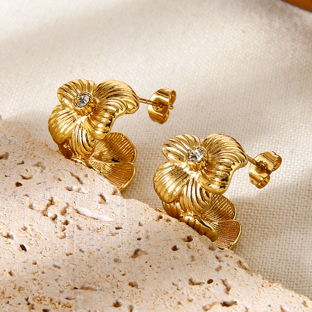 1 paire de boucles d'oreilles créoles élégantes en acier inoxydable pour femme, motif patchwork de fleurs h5Image3