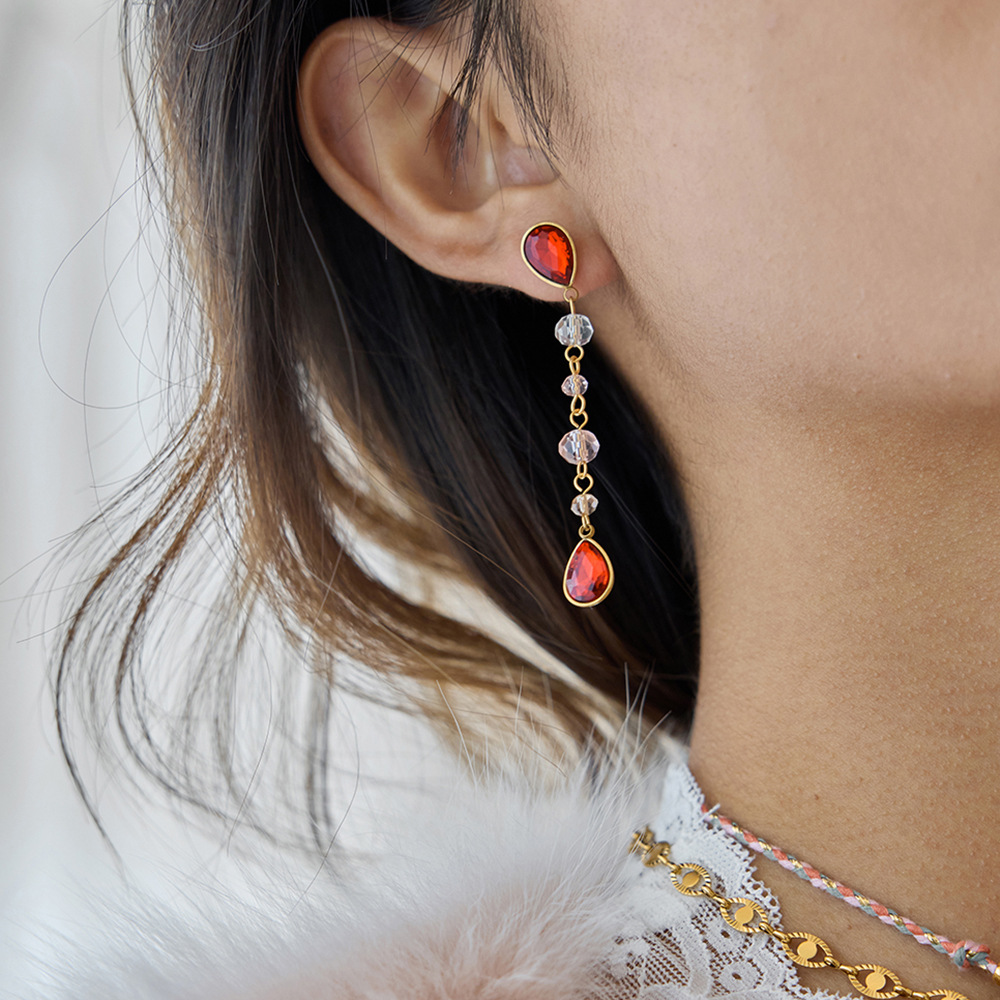 1 Pair Luxurious Red Droplet Stainless Steel Gold Color Women's Drop Earrings Picture4