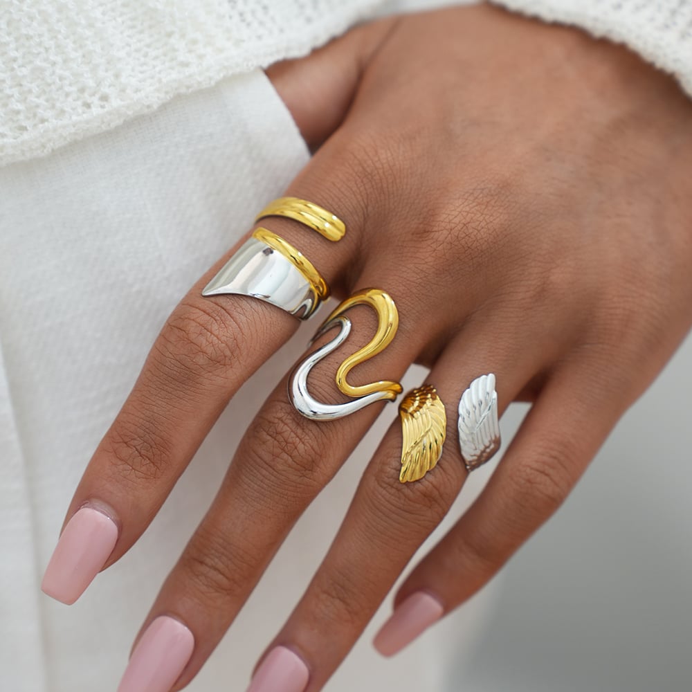 1 Piece Retro Mixed Gold Color And Silver Colors Wings Stainless Steel  Women's Statement Rings h5Picture7