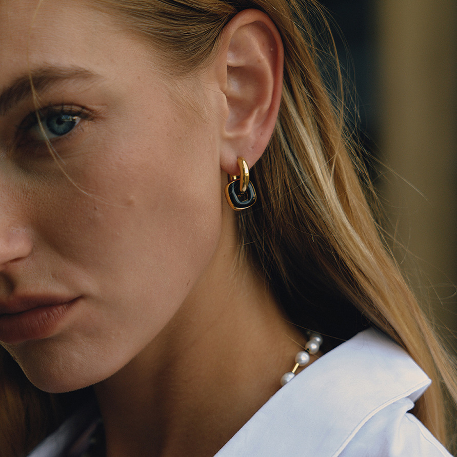 1 Pair Vintage Rectangle Stainless Steel Gold Color Women's Hoop Earrings h5Picture3