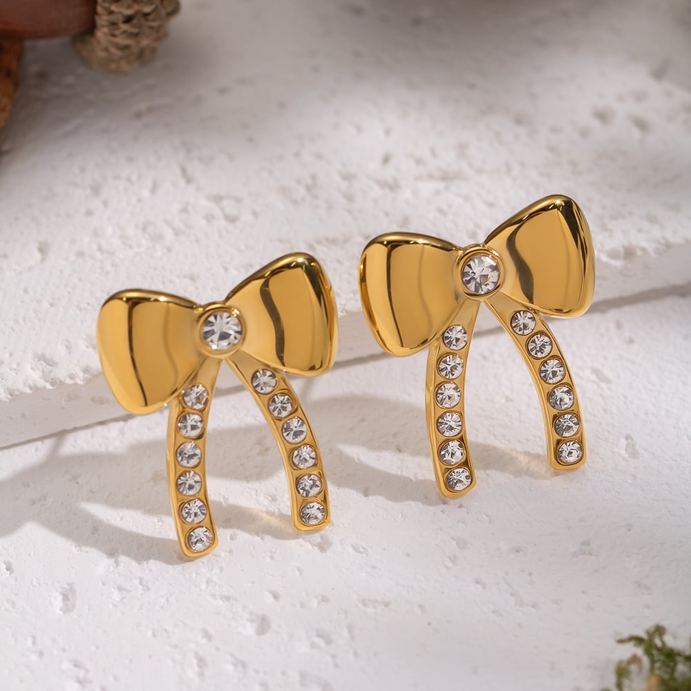 1 Pair Elegant Bow Knot Stainless Steel Gold Color Stud Earrings Picture2