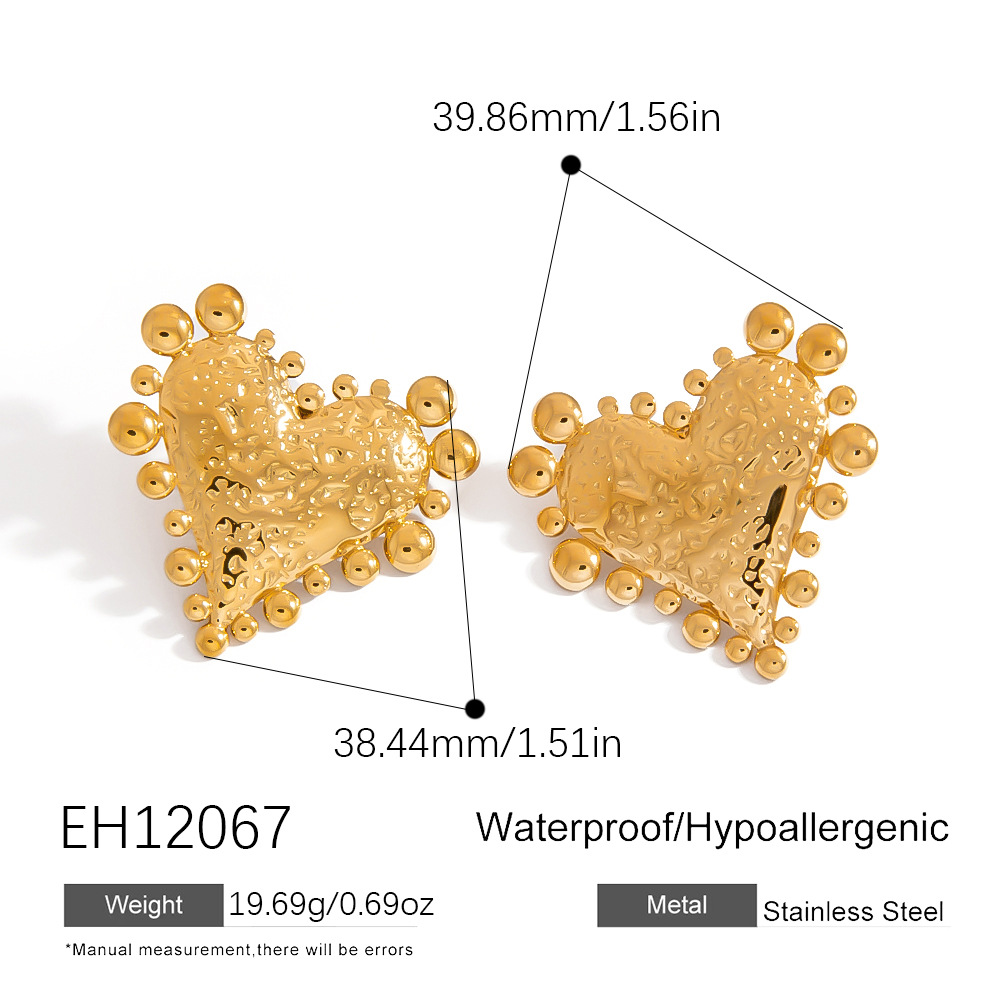 1 Pair Punk Heart Stainless Steel Gold Color Stud Earrings